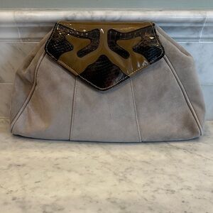 Vintage Jasmine Elegant Taupe Suede Snake Skin Clutch with Brown Patent Accent